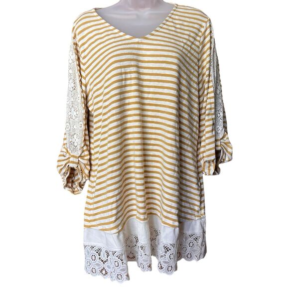 Cato Mustard Yellow Striped Lace Trim Tunic Top Sz Large Lagenlook Cottagecore - Picture 4 of 8